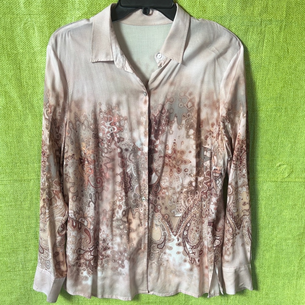 Elegant Paisley Button Down Shirt in Cream and Brown silk like